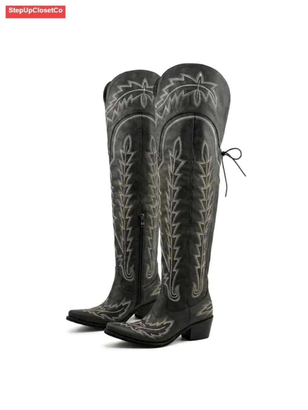 Thigh High Cowboy Boots Wide Calf Western Over The Knee Faux Leather Chunky Heel